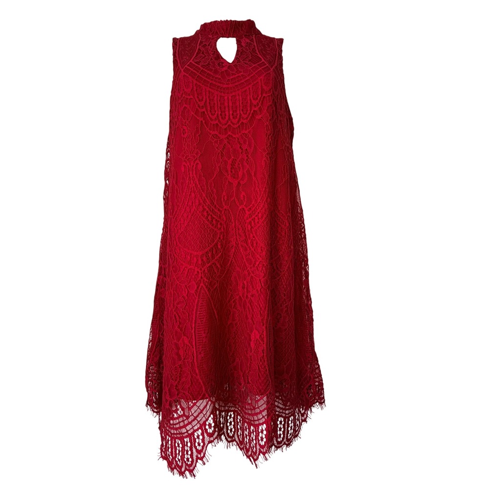 Red Lace Keyhole Swing Romantic Crochet Lace Sleeveless Halter Shift Dress Sz M